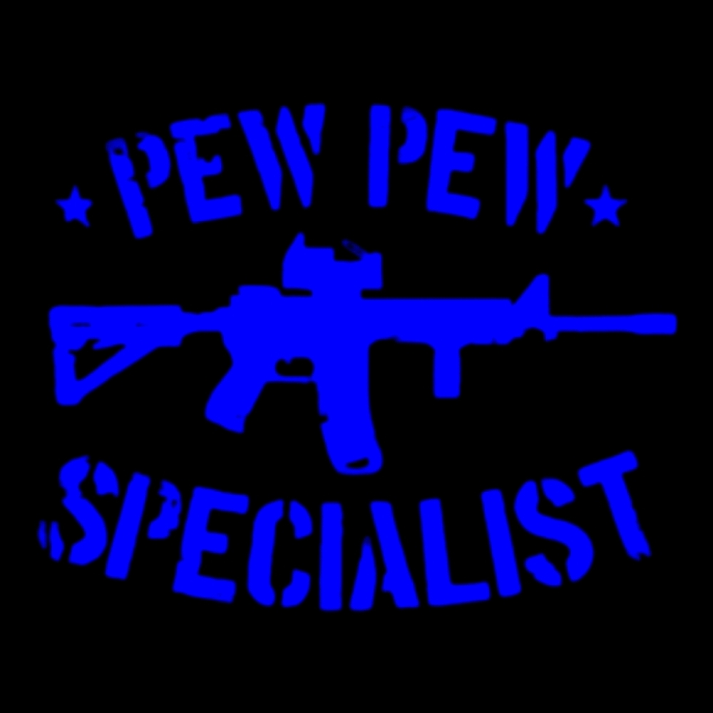 Blue PEW PEW SPECIALIST Premium permanent vinyl decal 5.5Wx4.3H